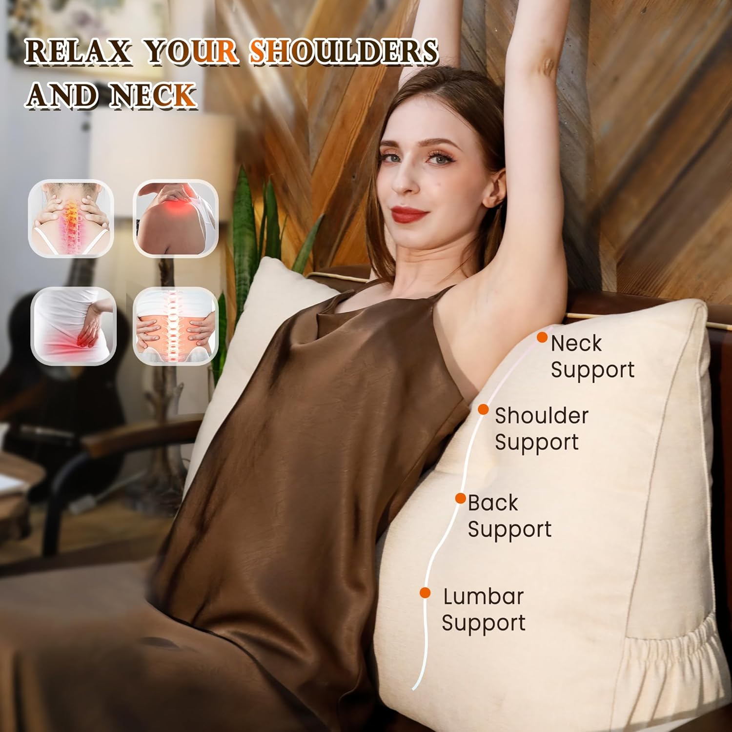 Headboard Pillow King Size, Triangular Wedge Backrest with Removable Head Roll & Side Pocket, 100% Linen Reading Pillow for Bed, Couch, Floor - Ergonomic Support for Neck, Back, White Beige