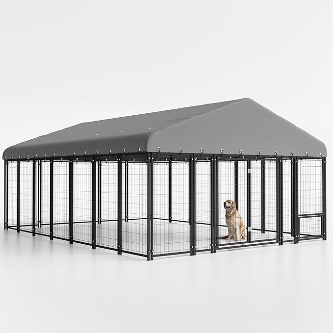 10X14FT Dog Kennel Outside Double Door Dog Kennel Outdoor with Feeding, Heavy Duty Outdoor Dog Crate Durable Dog Cage with Roof & Double Lock