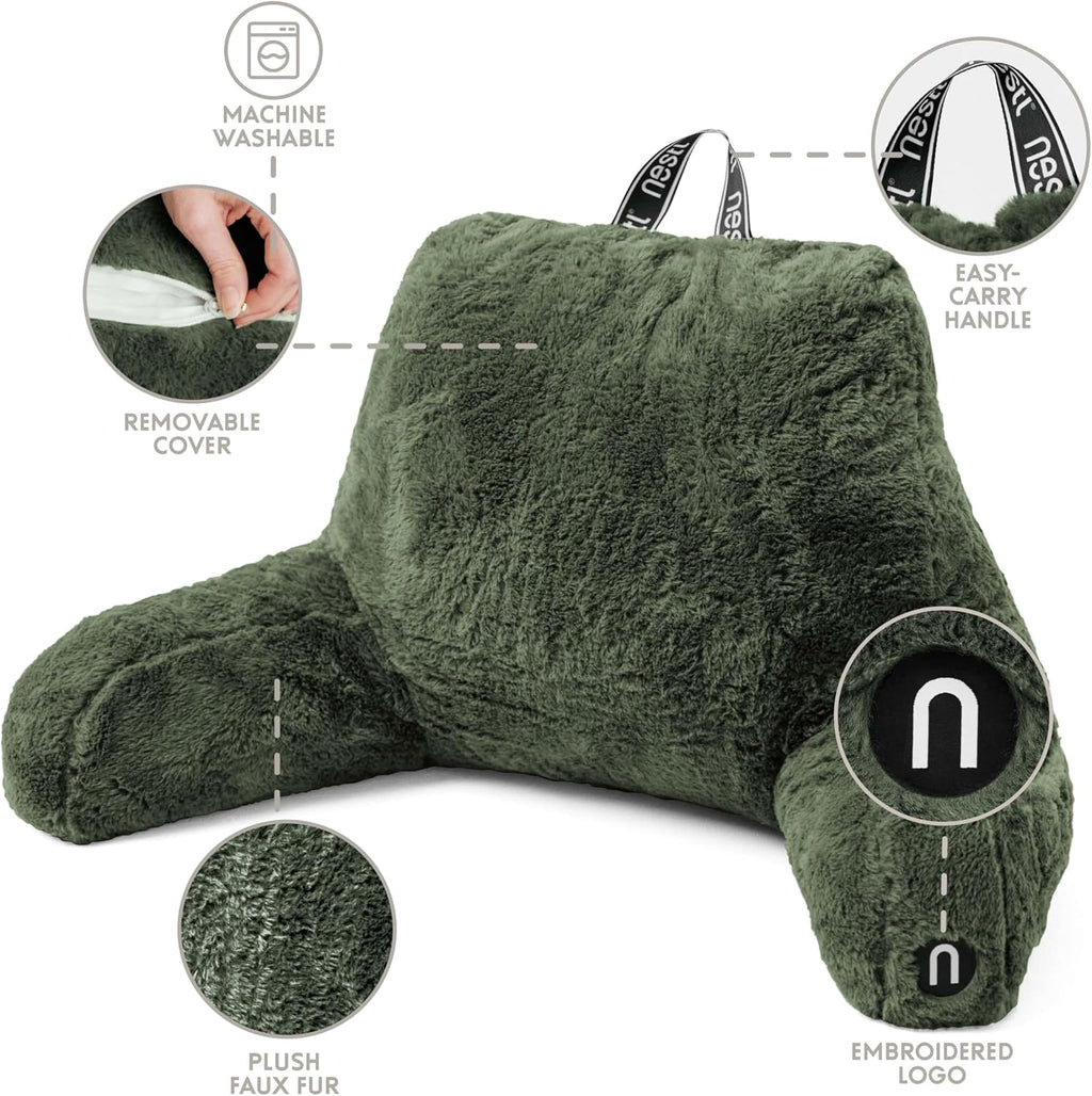 Nestl Fur Reading Pillow with Laptop Lap Desk, Stylish Back Pillow for Sitting Up, Lap Desk with Reading Pillows for Sitting in Bed Adult & Kids, Faux Fur Chair Pillow with Arms - Olive Green
