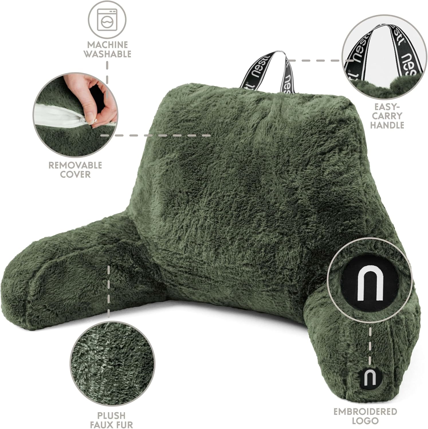 Nestl Fur Reading Pillow with Laptop Lap Desk, Stylish Back Pillow for Sitting Up, Lap Desk with Reading Pillows for Sitting in Bed Adult & Kids, Faux Fur Chair Pillow with Arms - Olive Green