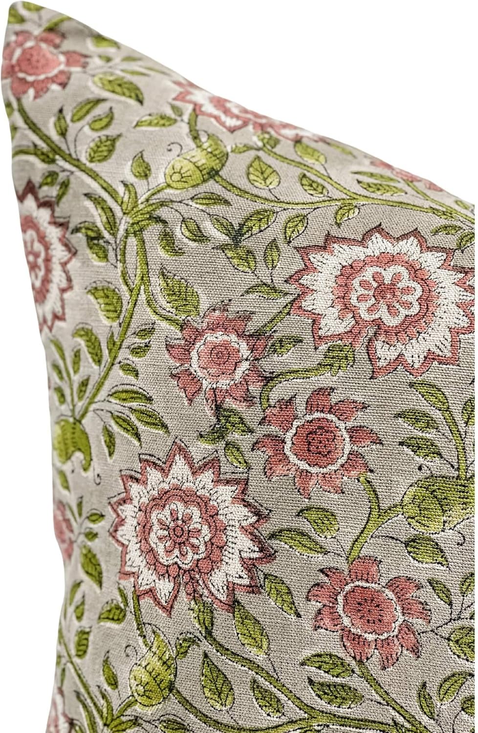 Designer Flowers Printed on Natural Linen Pillow Cover | Grey Green and Dusty Rose Pillow | Boho Pillow, Decorative Throw Pillow Covers, Floral Pillow (Green & Rose, 14x42)