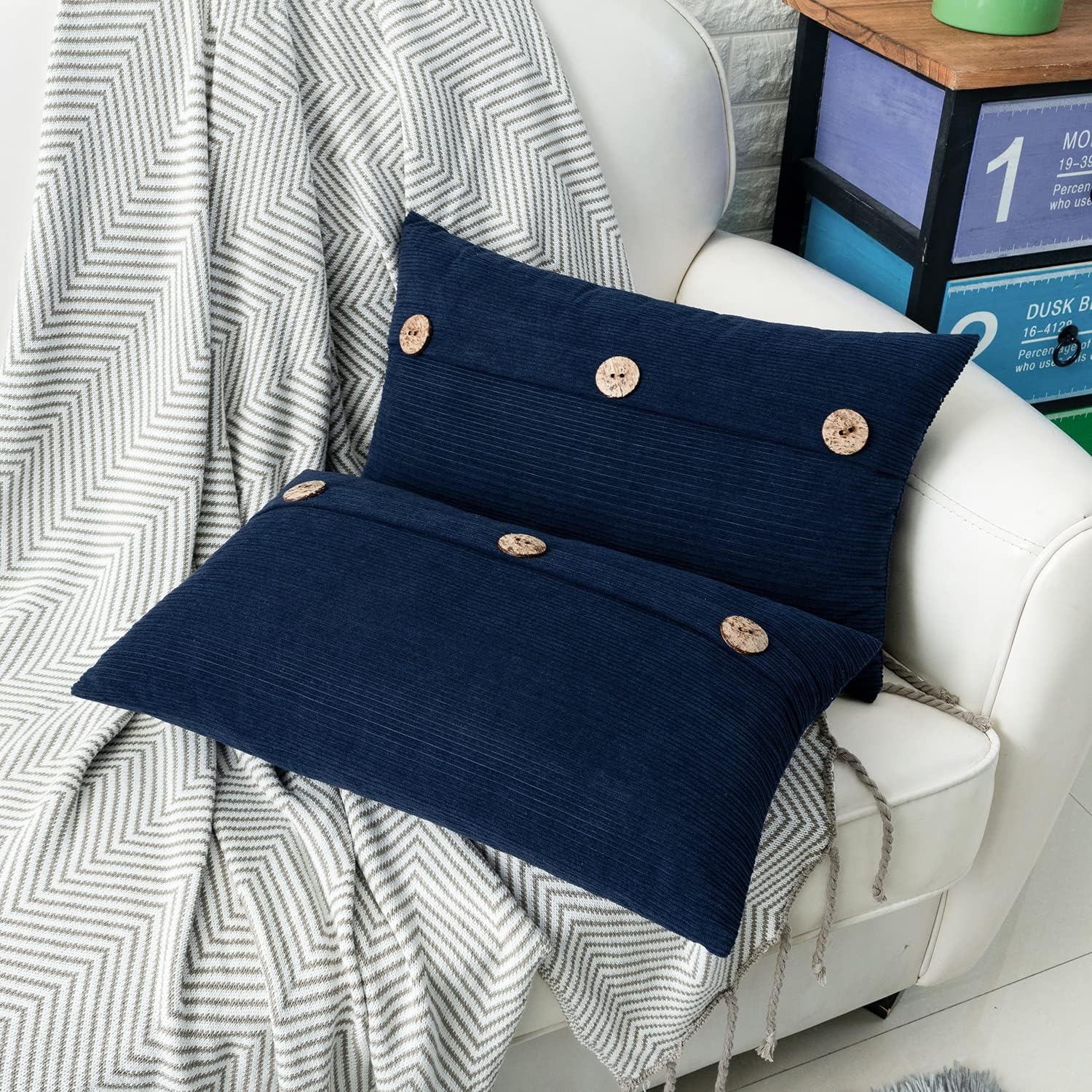 HWY 50 Navy Blue Decorative Rectangle Throw Pillow Covers Set Cushion Cases with Triple Buttons 12x20 Inch, Chenille Soft Farmhouse Accent Pillowcase for Couch Sofa Bed Pack of 2