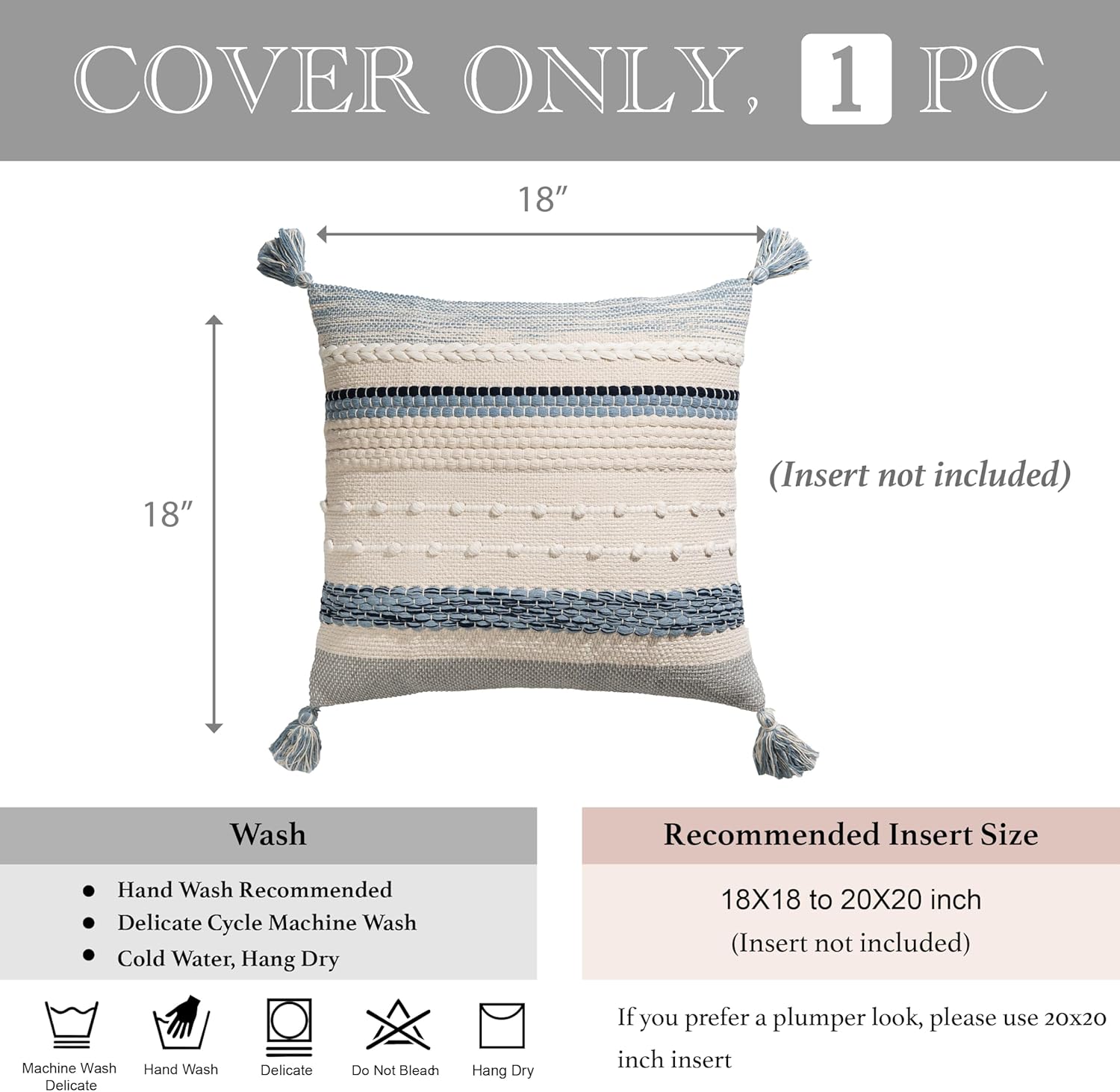 BlissBlush Coastal Blue Boho Decorative Throw Pillow Cover 18x18 Modern Bohemian Accent Pillow Case Square Woven Textured Farmhouse Pillows for Couch Bed (Pack of 1)