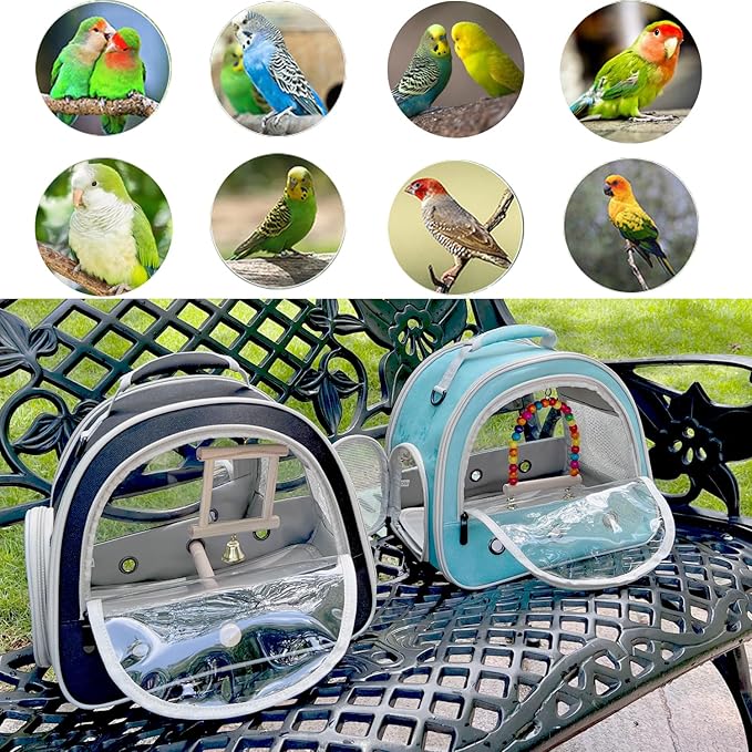 Parrot Travel Cage with Bird Cage Bells Mirror Set,Portable Small Bird Parakeet Bag with Standing Perch and Comfy Mat Bird Carry Transport Bag with Clear Window Vet Visit Shopping