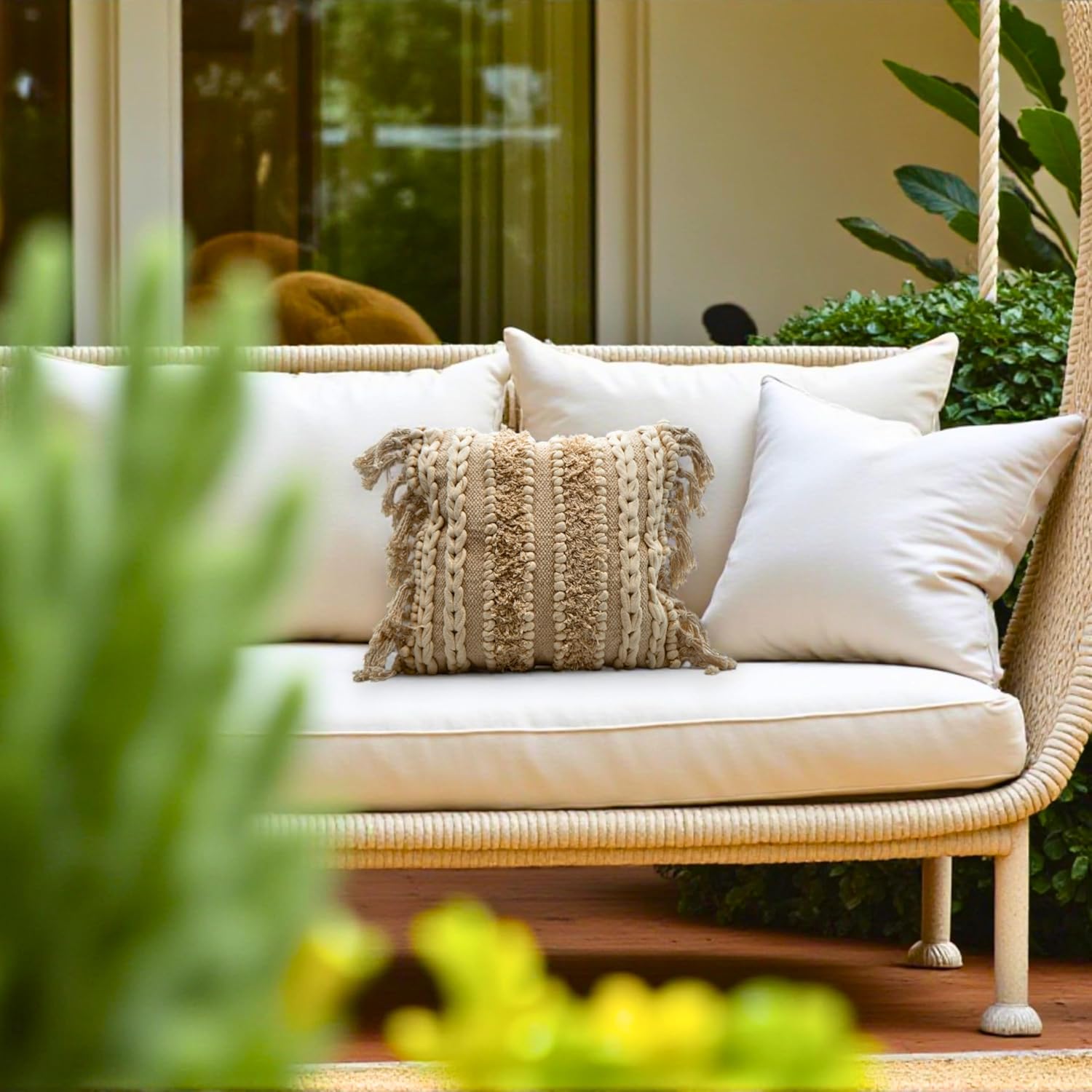 Decorative Boho-Chic Square Pillow Cover 18x18 Handwoven Tufted Braided Cotton Accent Pillows, Neutral Throw Cushion for Couch, Sofa or Bed, Farmhouse & Bohemian Home Decor, Trendy USA Design