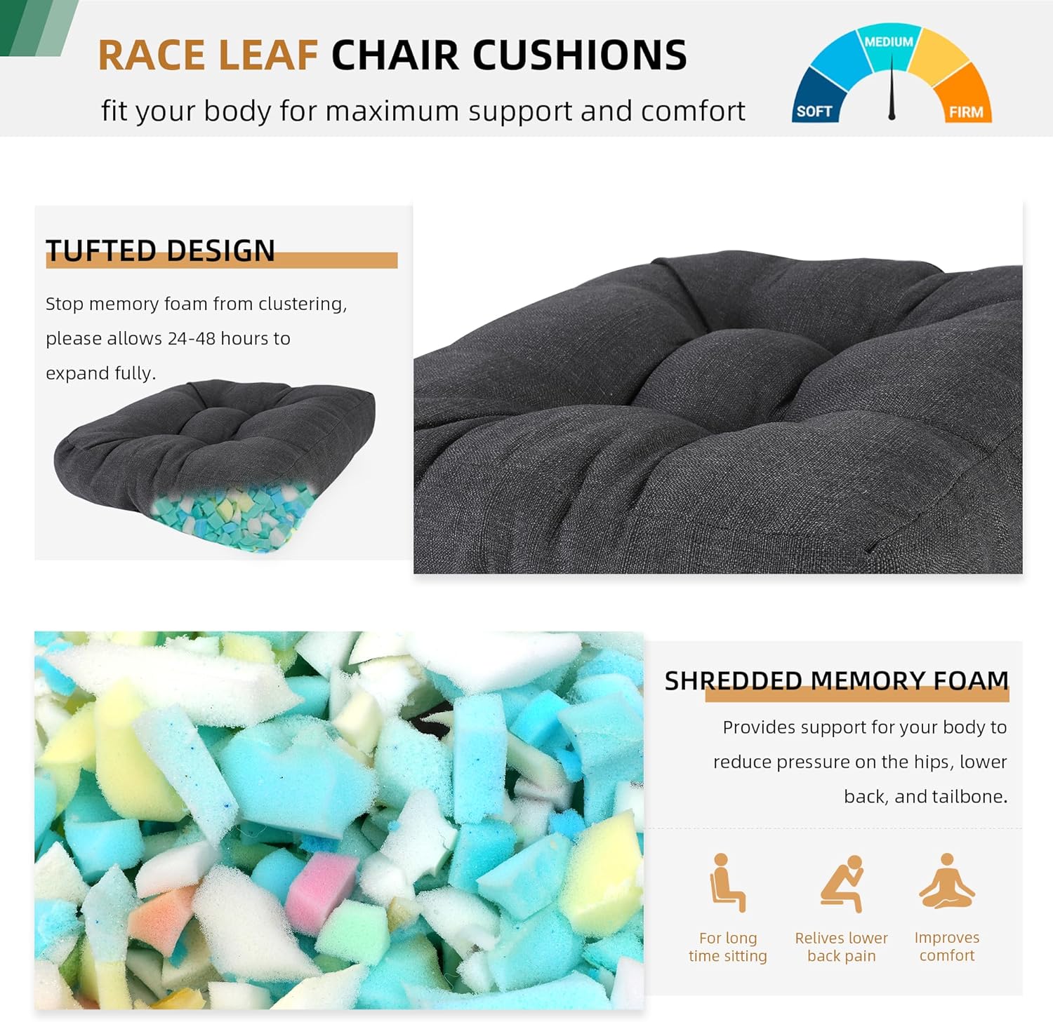 RACE LEAF 4 Pack Patio Chair Cushions 19x19 Inch, Waterproof Memory Foam Cushions with Tufted Cover and Non-Slip Base for Patio Furniture (Gray)