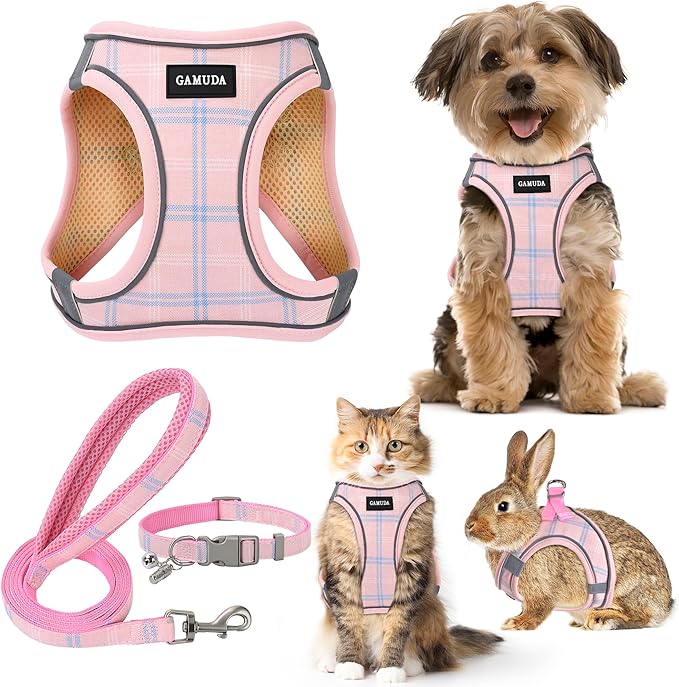 GAMUDA Small Dog Harness Collar and Leash Set, Step in No Chock No Pull Soft Mesh Adjustable Dog Vest Harnesses Plaid Reflective for Dogs Puppy Cats Kitten Rabbit (Pink, XXS)