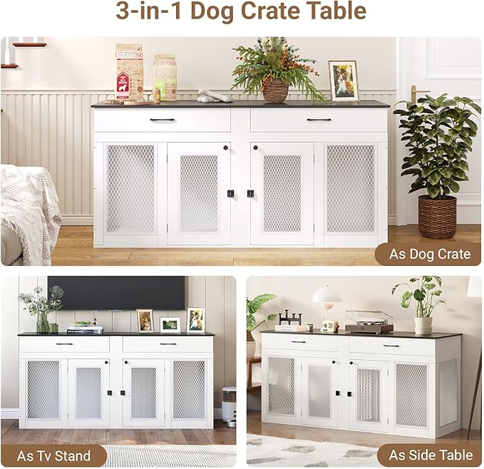 71 Inch Dog Crate Furniture for 2 Dogs，XXL Thick Wooden Double Kennel TV Stand w/Removable Divider - Heavy Duty Indoor Cage for Large Breeds (White & Black Top, 71L* 23.6W* 33.5" H)
