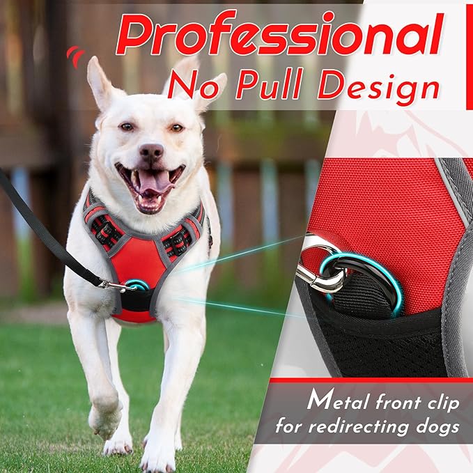 Eagloo Dog Harness Large Breed, No Pull Service Vest with Reflective Strips and Control Handle, Adjustable and Comfortable for Walking, No Choke Pet Harness with 2 Metal Rings, Red, XL