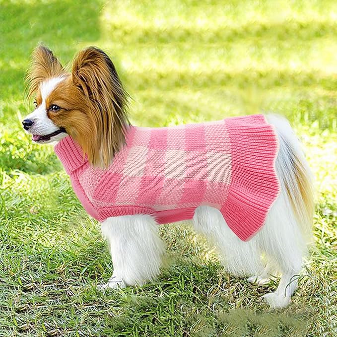 Dog Sweater Dress Plaid Knitwear for Small Medium Dogs Warm Puppy Pet Turtleneck Stretch Pullover Cute Fall Winter Vest Clothes with Leash Hole for Christmas (Pink, XS)
