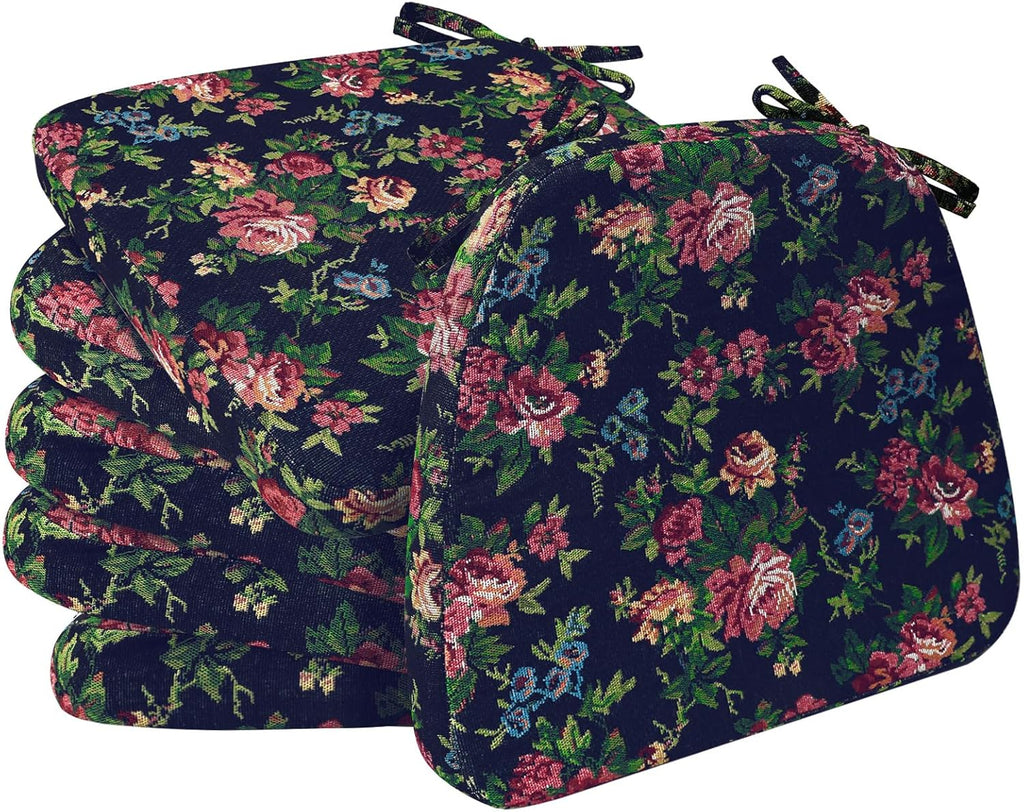 AAAAAcessories D-Shaped Chair Cushions, 2" Thick Dining Chair Pads with Ties and Removable, Machine-Washable Cover, 17" x 16", Set of 6, Night-Blooming Blossoms