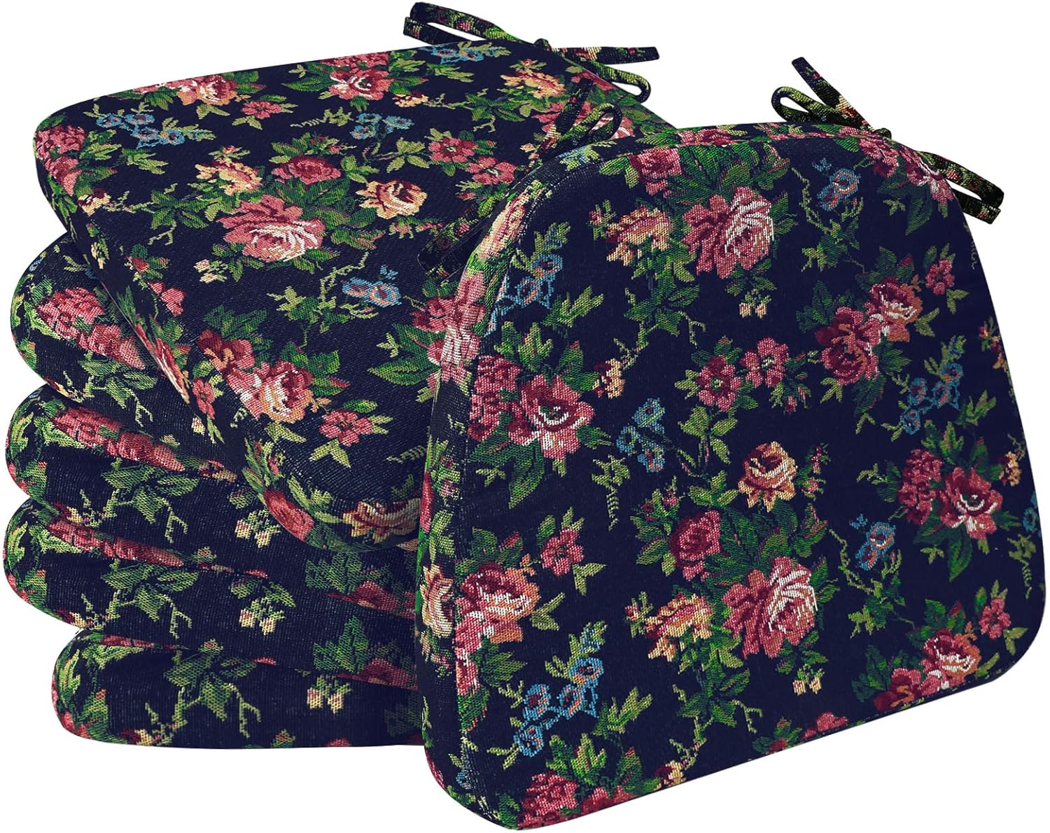 AAAAAcessories D-Shaped Chair Cushions, 2" Thick Dining Chair Pads with Ties and Removable, Machine-Washable Cover, 17" x 16", Set of 6, Night-Blooming Blossoms