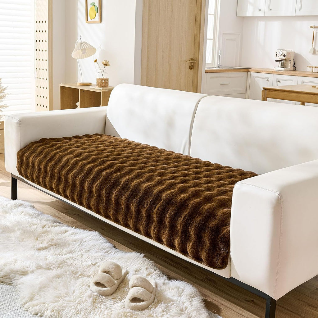 Faux Fur Couch Cover Fuzzy Soft Plush Thick Bubble Sofa Cover Luxury Sectional Couch Covers Luxury Anti-Slip Sofa Slipcover Washable Furniture Protector (Coffee,28"x47")