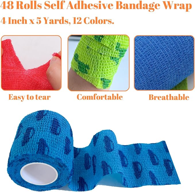 48 Rolls Self Adhesive Bandage Wrap, Vet Wrap 2 Inch for Horses Dogs Wounds Care, Self Sticking Elastic Bandage Wrap Tape for Wrist, Ankle, Sports, Tatto (Mixed)