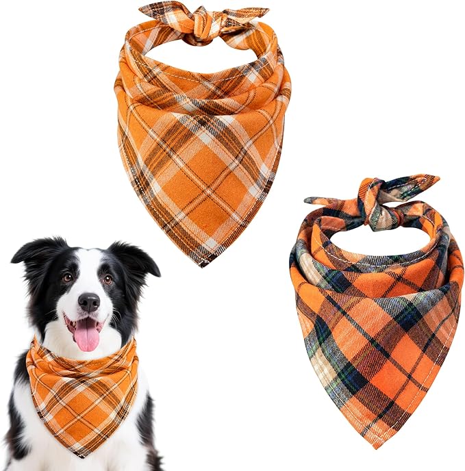Fall Dog Bandana,2-Pack Thanksgiving Dog Bandanas, Plaid Fall Pet Scarves for Large Medium Small Dogs, Adjustable Vintage Holiday Neckwear,Reversible Bibs Breed for Boy and Girl(Large)
