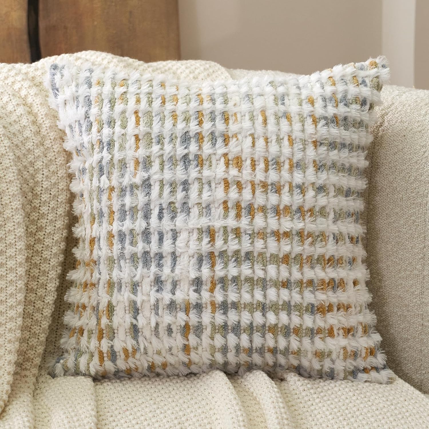 Aeckself Boho Chenille Tufted Pillow Cover 18 x 18 Inch, Decorative Square Throw Pillow Cover Neutral Pillowcase for Couch Bedroom Living Room, Yellow White