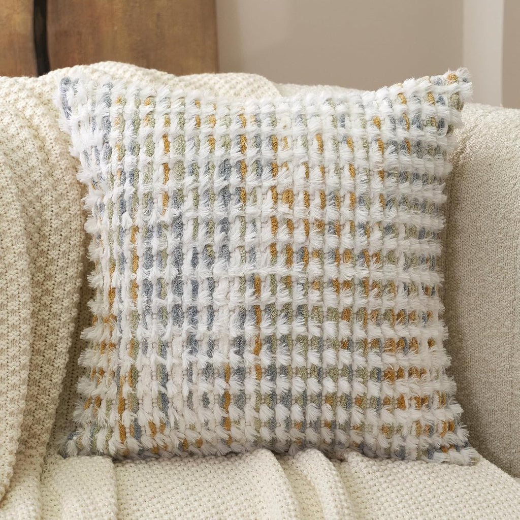 Aeckself Boho Chenille Tufted Pillow Cover 20 x 20 Inch, Decorative Square Throw Pillow Cover Neutral Pillowcase for Couch Bedroom Living Room, Yellow White