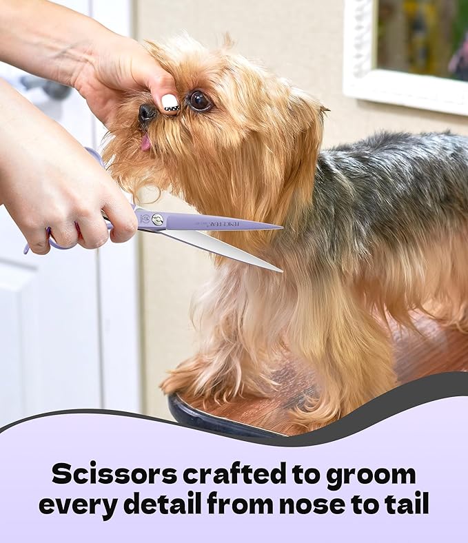 Fenice Peak 7" Professional Dog Grooming Scissors Set, Japanese 440C Stainless Steel Straight Thinning Curved Chunker Shears for Pet Grooming, Trimming Face, Paws, Violet