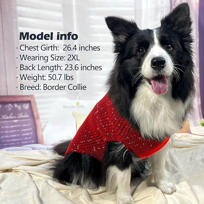 KYEESE Dog Christmas Sweater for Large Dogs with Leash Hole Warm Pullover with Reflective Yarn Male Thick Stretchy Knitwear Winter Soft Pet Coat boy Cold Weather Comfy Dog Sweaters,Red, XX-Large