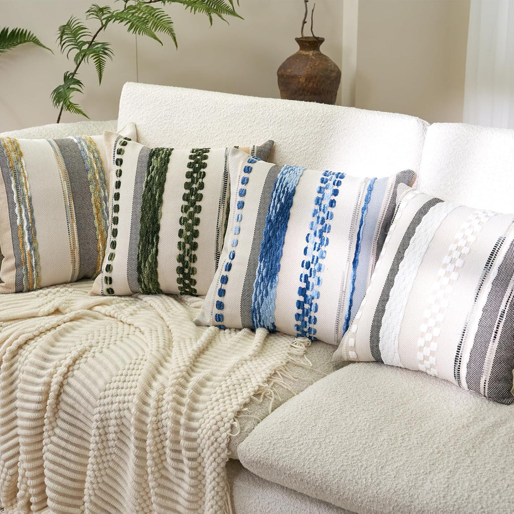 Aeckself Boho Throw Pillow Covers 18x18 Inch Set of 2, Farmhouse Decorative Striped Square Pillow Covers Chenille Tufted Pillow Cases Accent Neutral Pillowcase for Living Room Couch Bed, Sky Blue