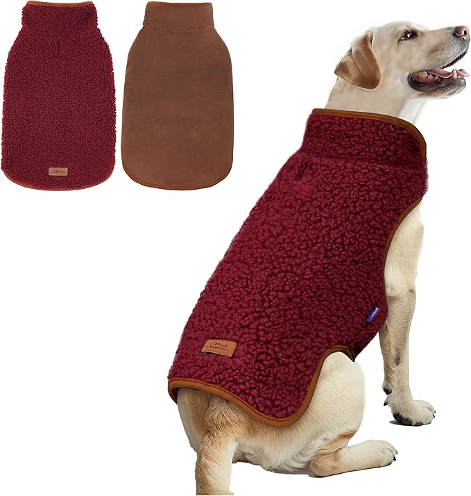 cyeollo Warm Dog Coat Fleece Sherpa Winter Sweater Coats, Turtleneck Dog Jacket Vest for Large Dogs with Leash Hole, Soft Reversible Pet Coats for Cold Weather, Burgundy, XXXL