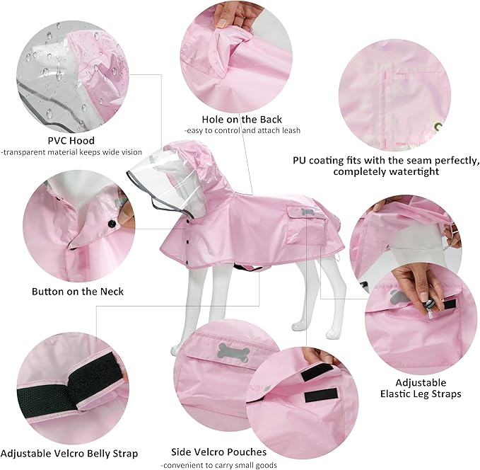 Waterproof Dog Raincoat, Adjustable Reflective Lightweight Pet Rain Clothes with Poncho Hood (Light Pink, X-Large)