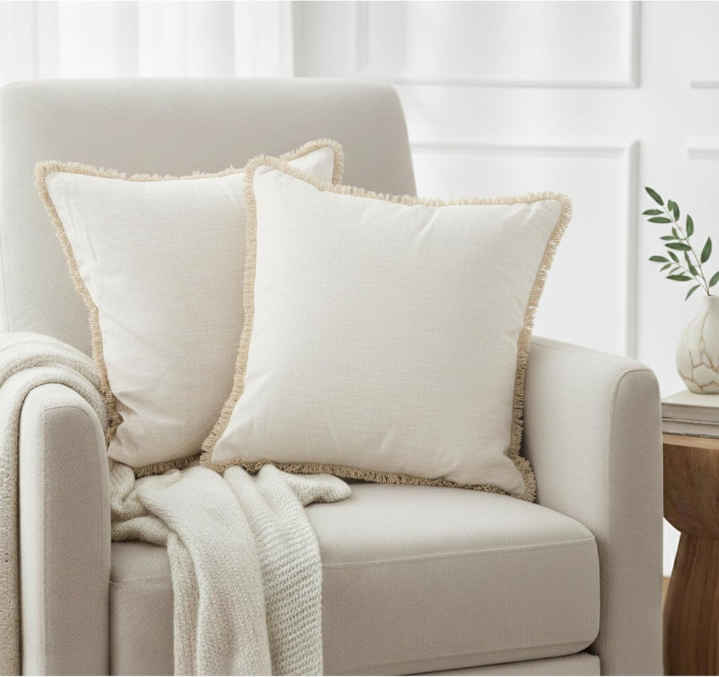 18×18 Ivory White Decorative Fringe Cotton Pillow Covers Boho Farmhouse Throw Cushion Covers with Tassels Linen Like Textured Accent Pillowcases for Bed Couch Chair Sofa Living Room Set of 2