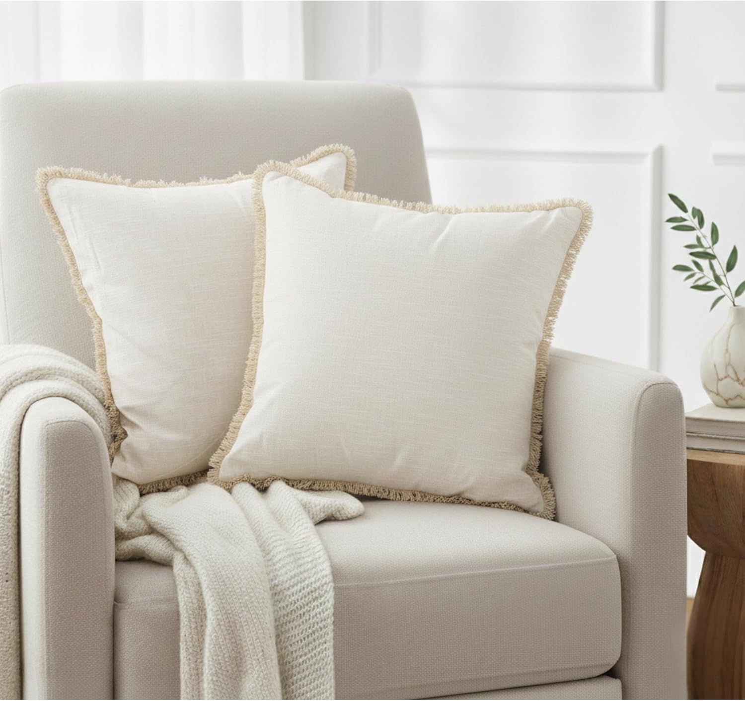 18×18 Ivory White Decorative Fringe Cotton Pillow Covers Boho Farmhouse Throw Cushion Covers with Tassels Linen Like Textured Accent Pillowcases for Bed Couch Chair Sofa Living Room Set of 2