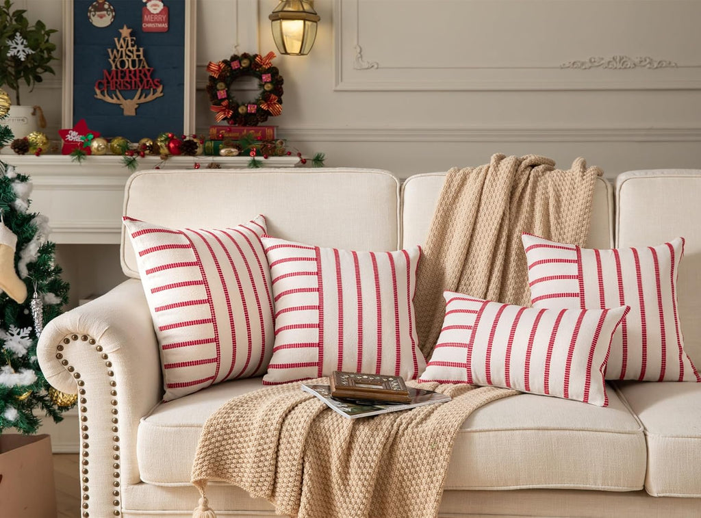 Caflife Boho Christmas Pillow Covers 18x18 Set of 2, Soft Farmhouse Decorative Sofa Pillow Cases, Holiday Red Christmas Throw Pillow Covers, Couch Bed Cushion Covers Living Room Home Decor