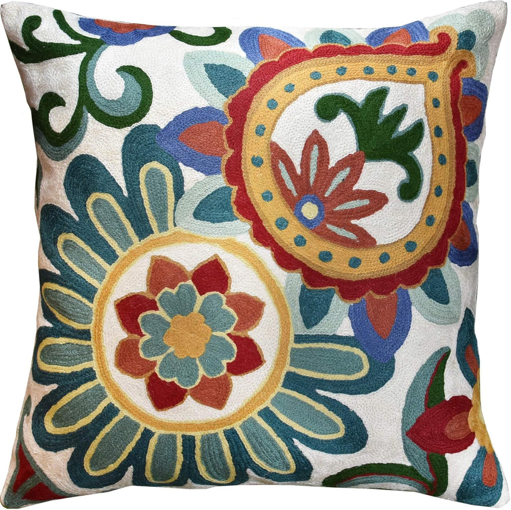 Daisy Floral Pillow Cover Teal Flower Pillowcase Flowery Outdoor Cushion Suzani Accent Pillowsham Flower Floral Chair Cushion Hand Embroidered Cushions Wool Size 18x18