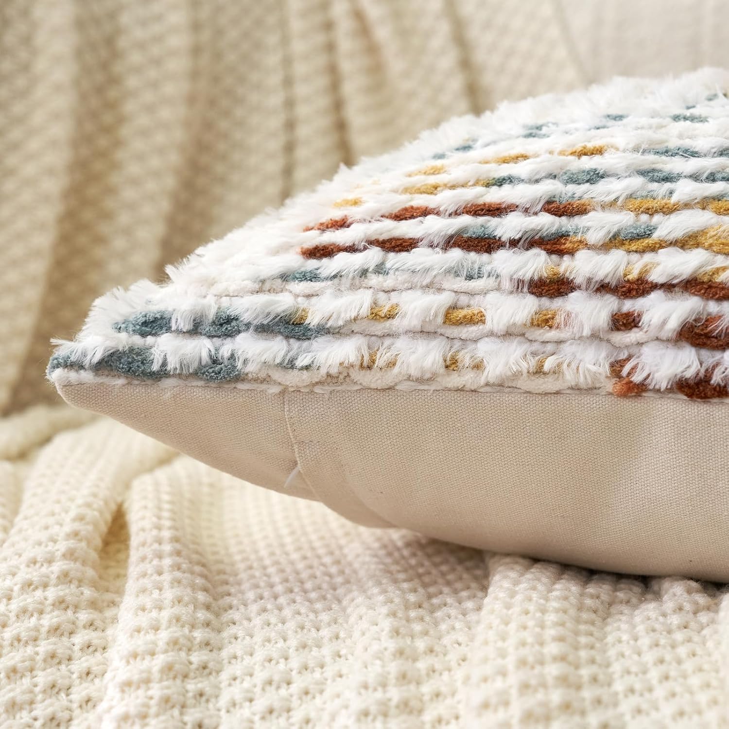 Aeckself Boho Chenille Tufted Pillow Cover 12 x 20 Inch, Rectangle Decorative Lumbar Throw Pillow Cover Neutral Pillowcase for Couch Bedroom Living Room, Orange White