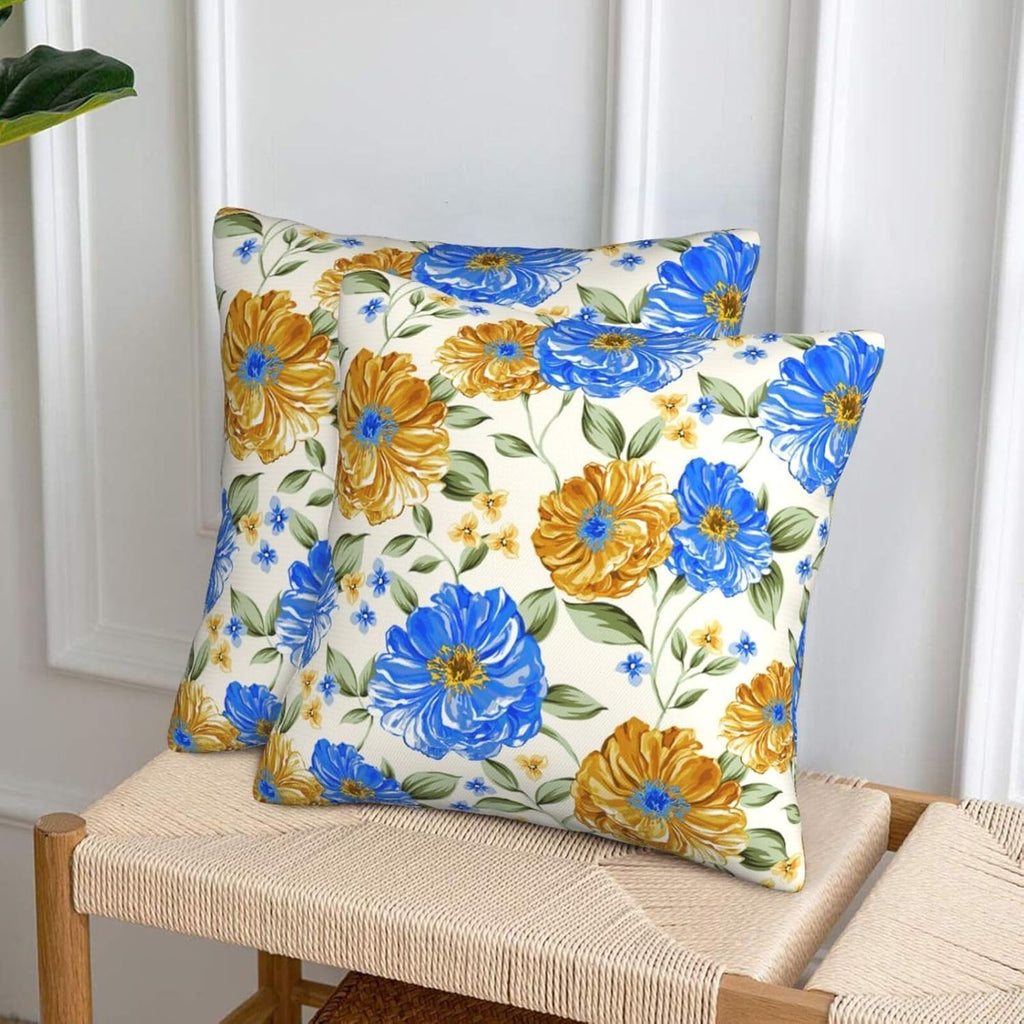 Blue and Yellow Floral Throw Pillow Covers 18x18 Inch Set of 2, Decorative Blue Gold Flowers Pillows, Modern Boho Square Cushion Covers for Office Couch Sofa Bedroom Living Room Farmhouse Home Decor