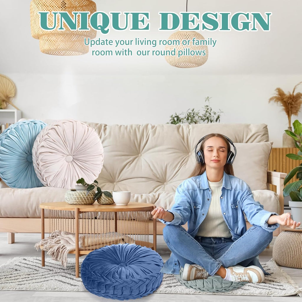 Yerliker 6 Pcs Floor Pillow Cushions 15inch Round Velvet Throw Pillows Colorful Flexible Cushions Alternative Pillows for Couch Chair Living Room Bedroom Home Office Decor(Blue Color)
