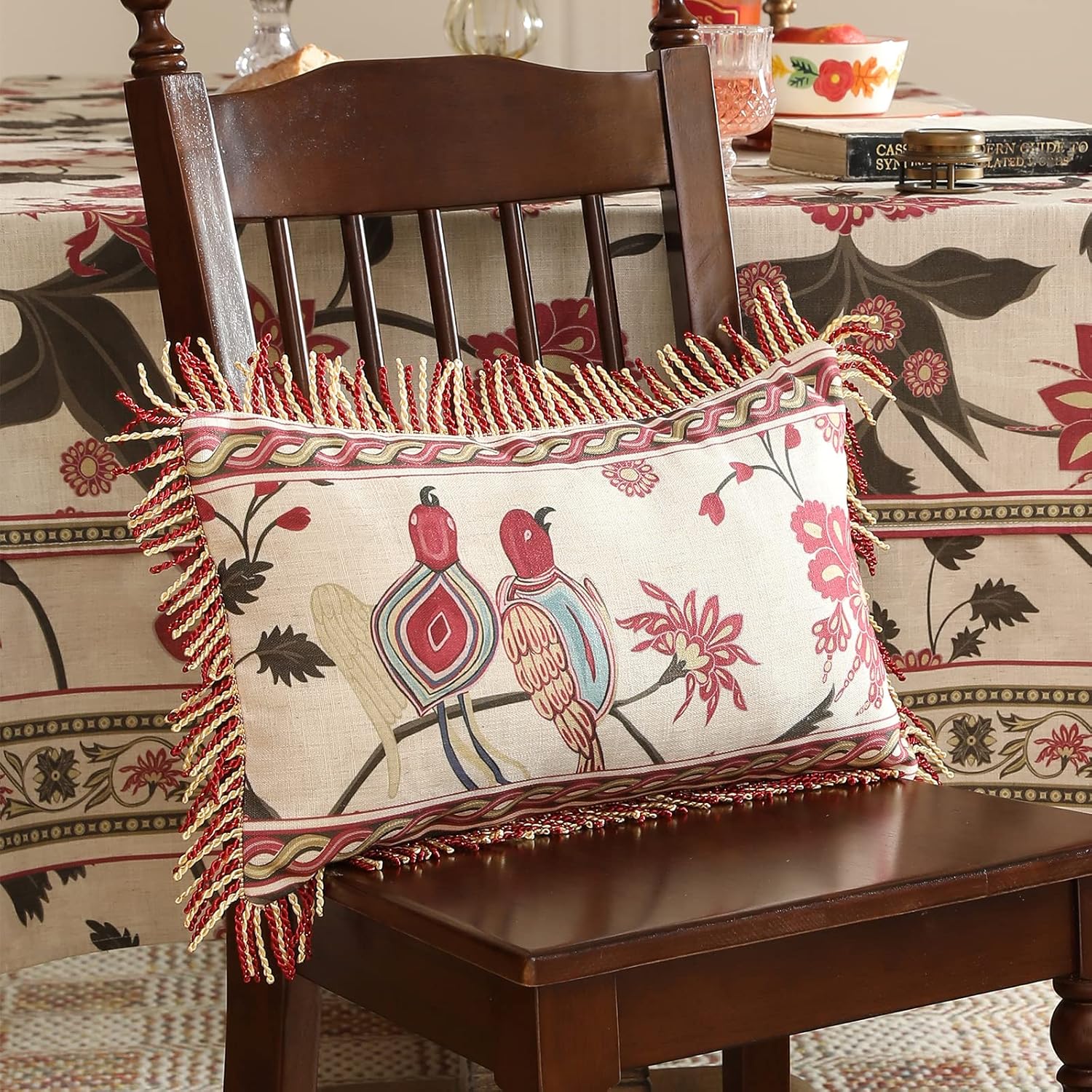 patdrea Designer Throw Pillow Covers 12"x20",Vintage Flowers and Bird Pattern Linen Pillowcases with Tassel Edges Pillows Cover for Couch,Decorative Lumbar Cushion for Living Room Outdoor,Set of 2