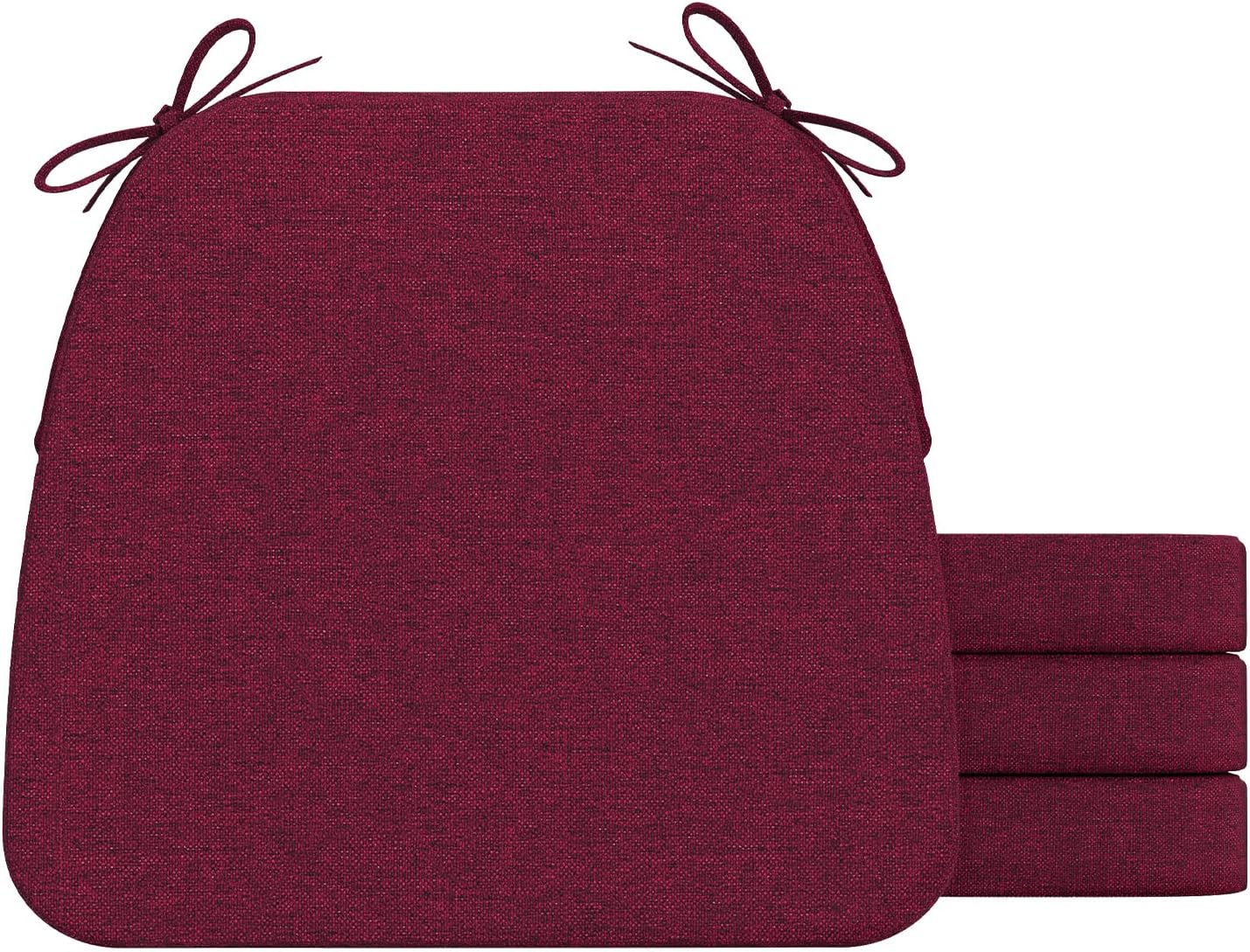 AAAAAcessories D-Shaped Chair Cushions, 2" Thick Dining Chair Pads with Ties and Removable, Machine-Washable Cover, 17" x 16", Set of 4, Wine Red