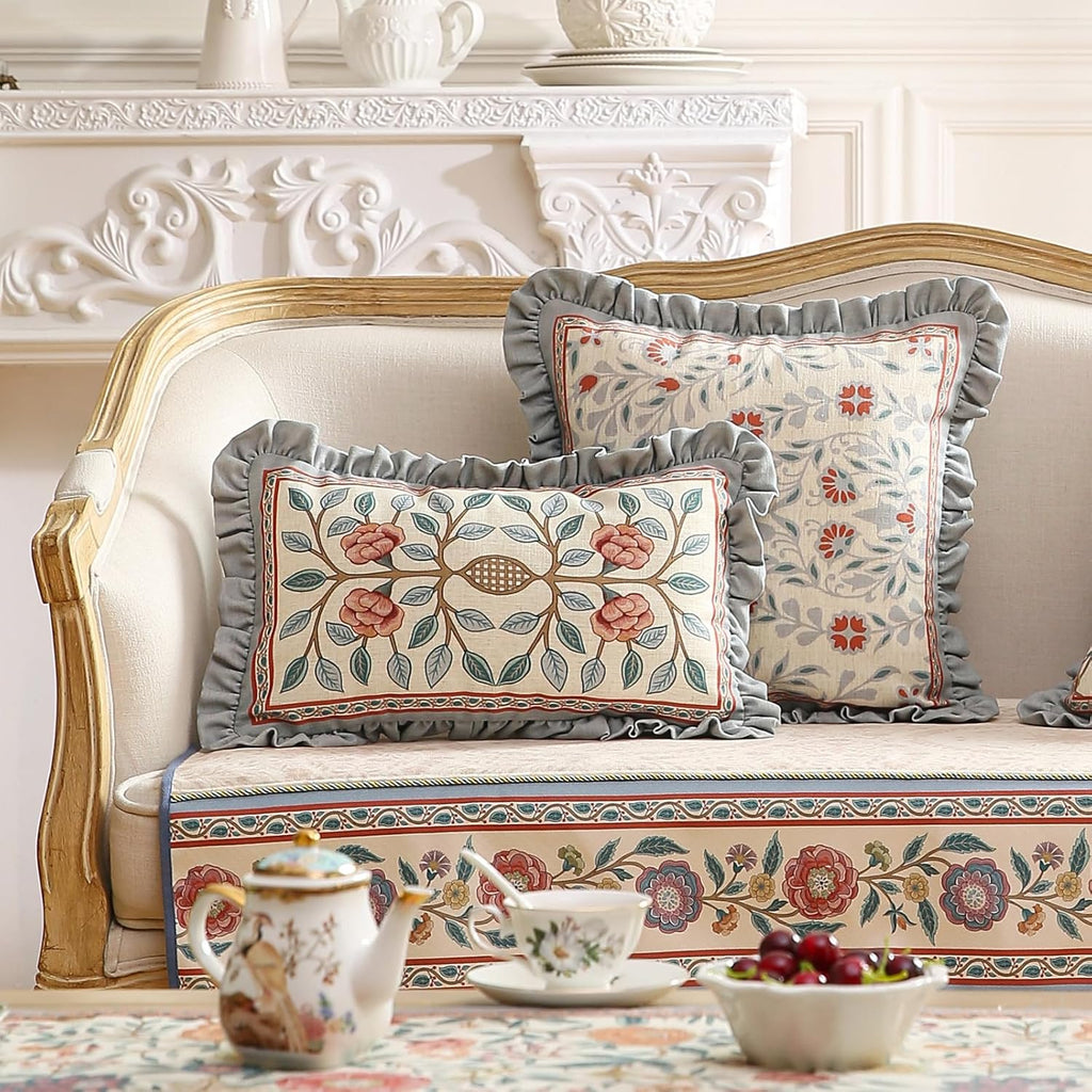 Floral Throw Pillow Covers Set of 2,Cottage Rustic with Blooming Flower Pattern Linen Pillowcases,Decorative Square Pillows Cushion Covers for Couch Sofa Bed Chair Car,18x18 Inches