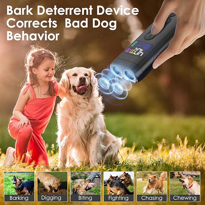 Dog Bark Deterrent Device, 65 FT Range,3X Ultrasonic Bark Deterrent Device & Ultrasonic Dog Trainer - Anti-Barking Device with Color Display, Safe & Effective Alternative to Bark Collars - Black