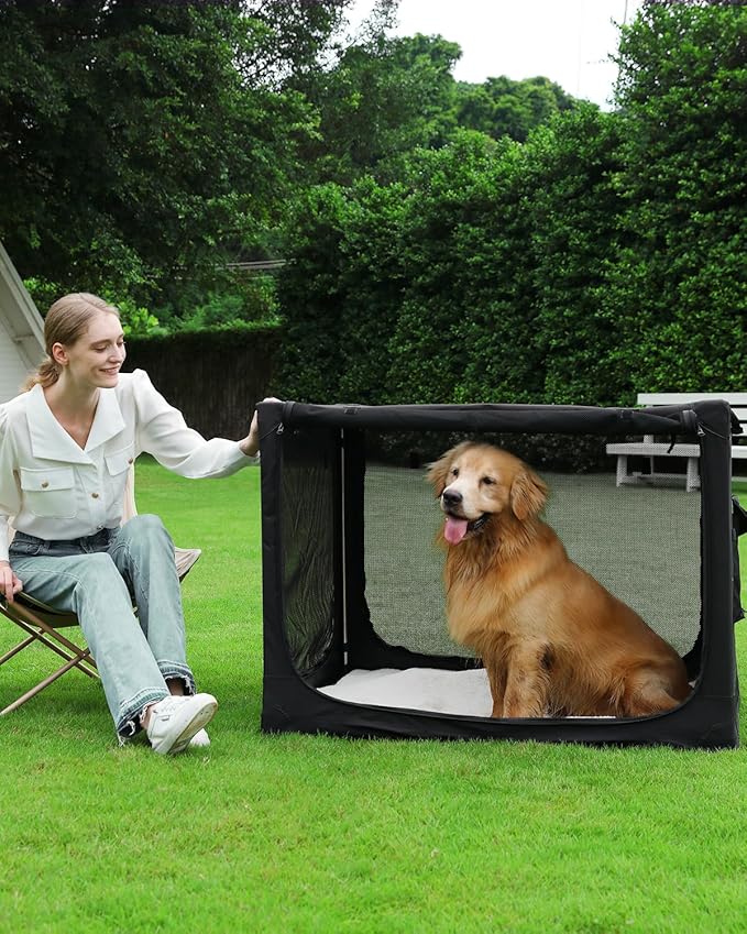 42 Inch Collapsible Travel Dog Crate for Medium Large Dogs, Portable Dog Crate 4-Door Foldable Soft Kennel with Durable Mesh Windows for Indoor & Outdoor Travel, with Storage Bag,Black