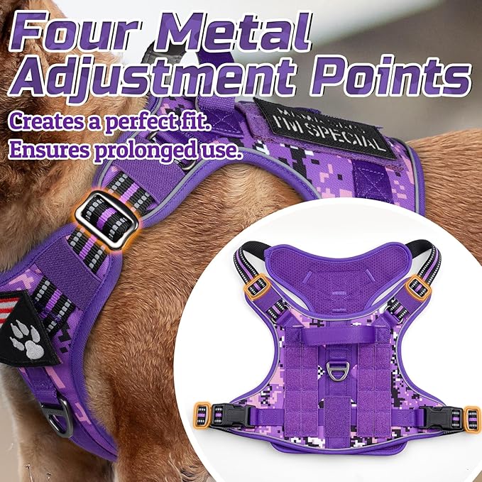 rabbitgoo Tactical Dog Harness Medium Sized Dog, No Pull Military Service Vest with Handle & Molle, Easy Control for Training Walking, Adjustable Reflective Straps, Purple Camo, M