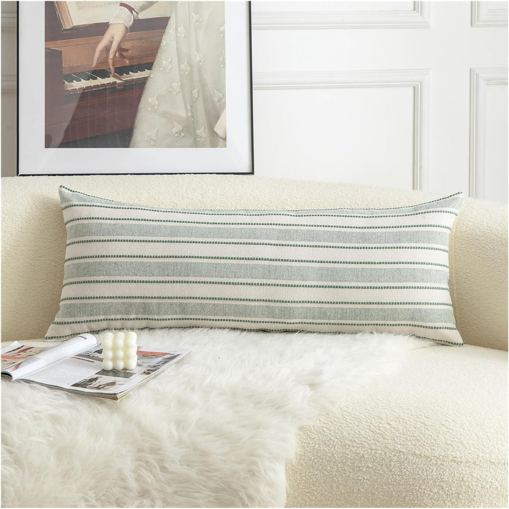 Decorative Boho Lumbar Pillow Covers, Modern Farmhouse Couch Pillowcase, 14 x 36 Long Accent Body Throw Pillow Covers, Sofa Bed Living Room Decor Cushion Case, Green and Beige, Pack of 1