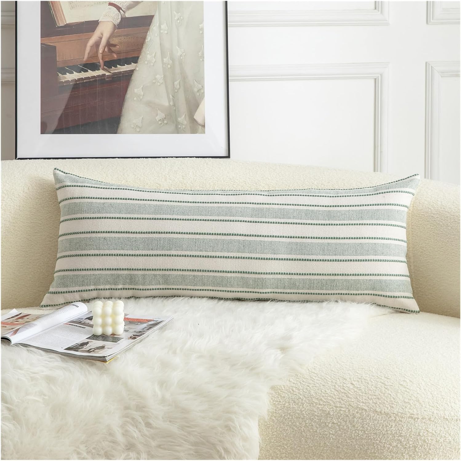 Decorative Boho Lumbar Pillow Covers, Modern Farmhouse Couch Pillowcase, 14 x 36 Long Accent Body Throw Pillow Covers, Sofa Bed Living Room Decor Cushion Case, Green and Beige, Pack of 1