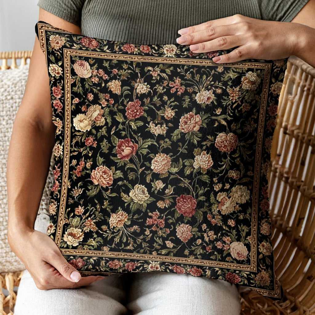 Bohemian Pillow Covers | Vintage Floral & Carpet Design | Double Sided Blue White Decorative Pillowcases for Couch, Bed | Indoor Outdoor Boho Home Decor (Black, 18x18inches)