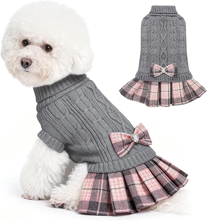 WOYYHO Girl Dog Sweater Dress with Bowtie Turtleneck Small Dogs Sweater with Leash Hole, Knitted Small Dog Sweaters Dress Puppy Winter Clothes for Yorkies Chihuahua (S, Gray)