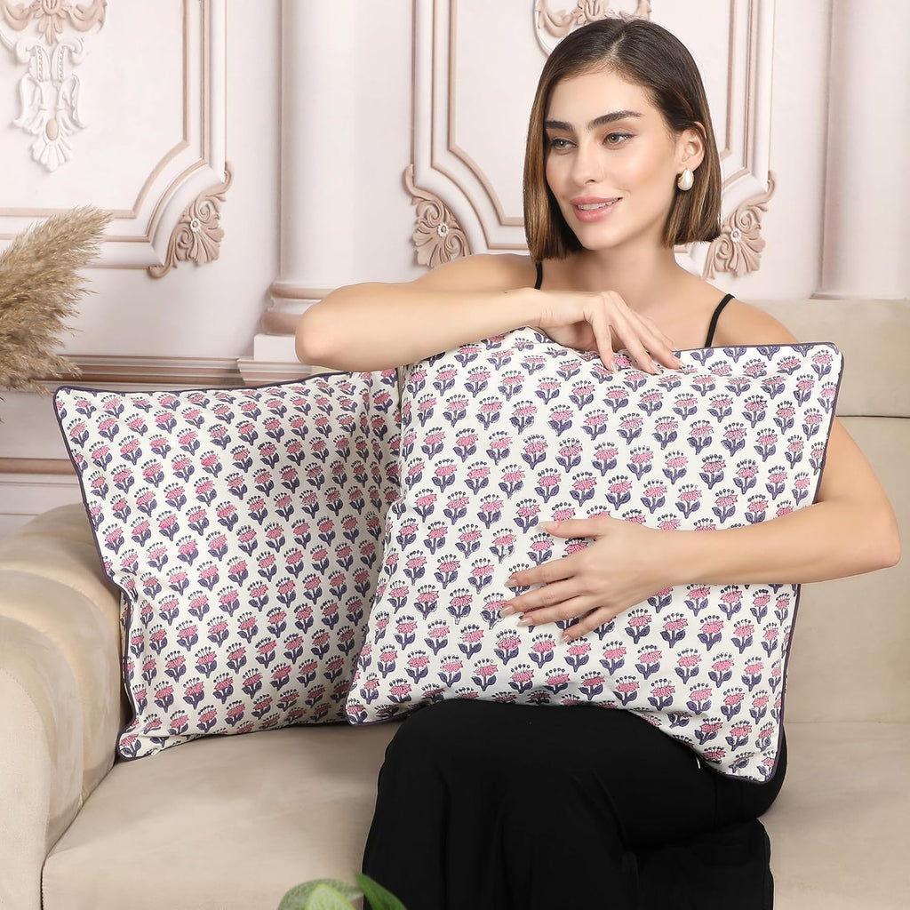SheetKart Pure Cotton Throw Pillow Covers - Set of 2 - Hand Block Pure Cotton Printed Boho Decorative Pillow Covers - Cushion Covers for Living Room, Bohemian Theme, 18 x 18 Inches, Lavender Whisper