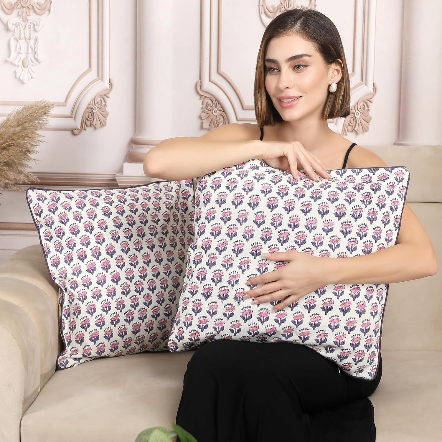 SheetKart Pure Cotton Throw Pillow Covers - Set of 2 - Hand Block Pure Cotton Printed Boho Decorative Pillow Covers - Cushion Covers for Living Room, Bohemian Theme, 16 x 16 Inches, Lavender Whisper