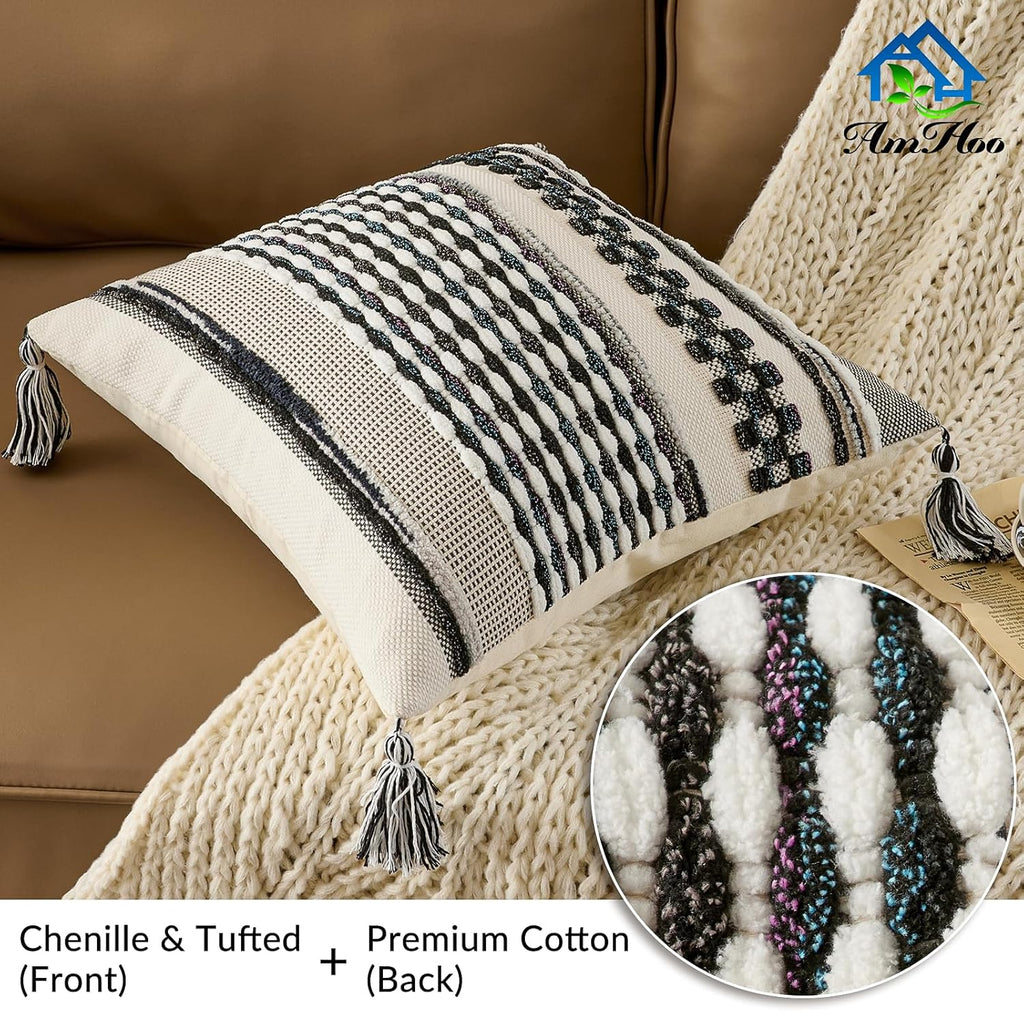 AmHoo Set of 2 Chenille Striped Textured Boho Throw Pillow Covers Aesthetic with Tassels Woven Decorative Pillow Case for Couch Bed Sofa Bedroom Modern Funky 18 x 18-Inch Black Multicolor