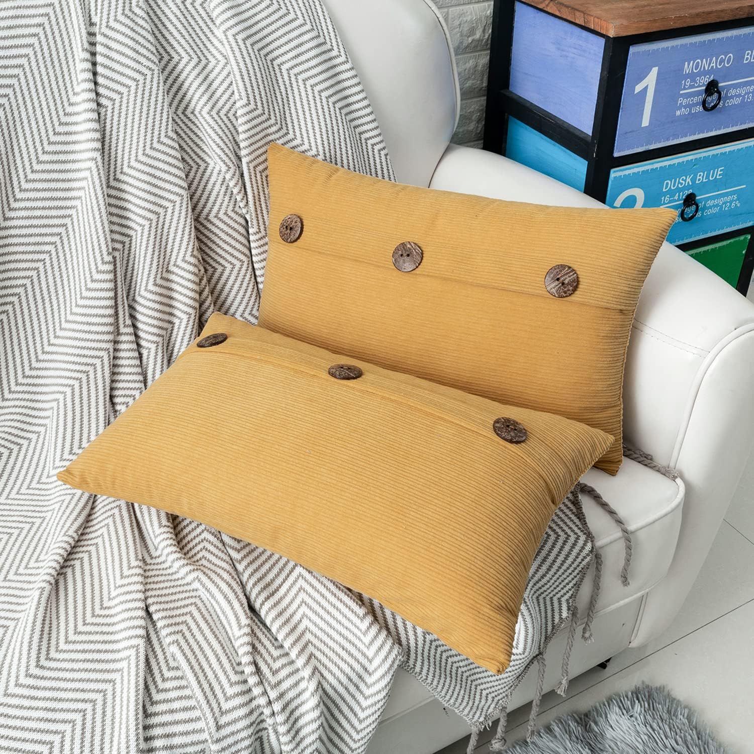 HWY 50 Mustard Yellow Chenille Throw Pillow Covers 12x20 Inch with Triple Buttons, Soft Farmhouse Accent Decorative Cushion Cases for Couch Sofa Living Room Pack of 2 Rectangle