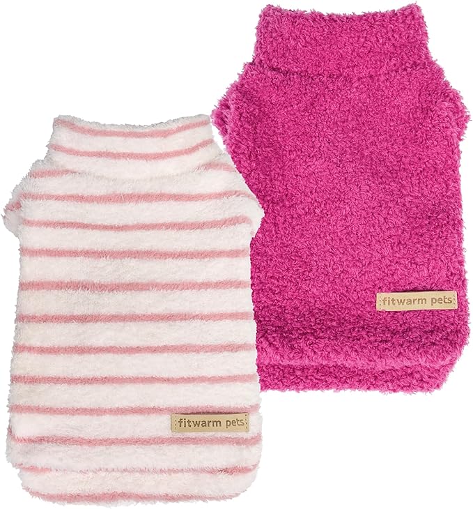 Fitwarm 2 Pack Striped Fleece Dog Sweater, Warm Winter Dog Clothes for Small Dogs Girl, Fuzzy Turtleneck Pet Outfit, Doggy Pullover Jumper, Rose Pink, White, Light Pink, Medium