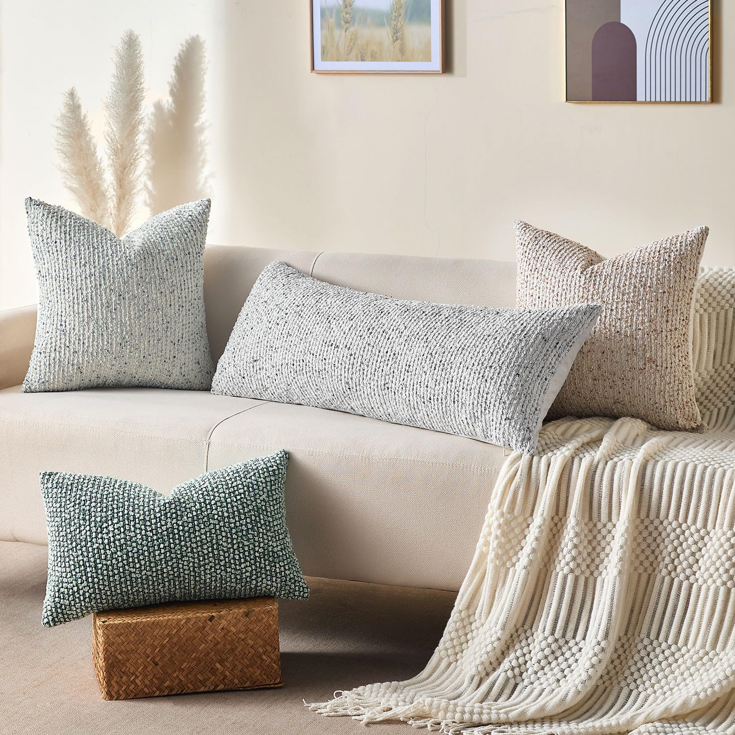 Decorative Lumbar Pillow Cover 14x36 Blue Striped Wool Long Body Pillow Neutral Textured Boho Lumbar Throw Pillow Cushion Covers for Modern Farmhouse Sofa Bed Living Room Decor SY011-C14