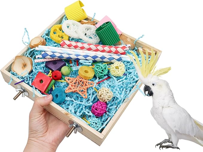 Bird Foraging Toys Box, Wooden Parrot Shredding Toys Box, Bird Chewing Toys, Birdcage Accessories, Suitable for Small Birds Parakeets Cockatiels Love Birds Conures